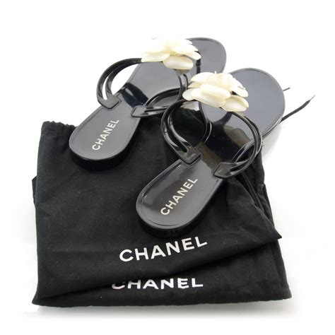 CHANEL Jelly Camellia Thong Sandals 38 Black Ivory